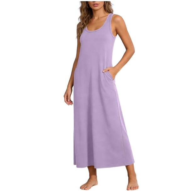 Vestido de Cuello de Tripulación para las Mujeres Moda Casual Color Sólido sin Mangas Bolsillo Longitud de Tobillo Vestido de Verano Largo para las Mujeres