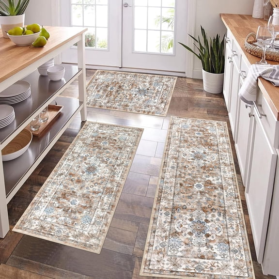 Kitchen Rugs Sets of 3 Non Slip Washable Kitchen Mats for Floor Farmhouse Kitchen Floor Mat Runner Rug Boho Kitchen Sink Rug Carpet for Kitchen Hallway Laundry Room, Vintage Cream Tan