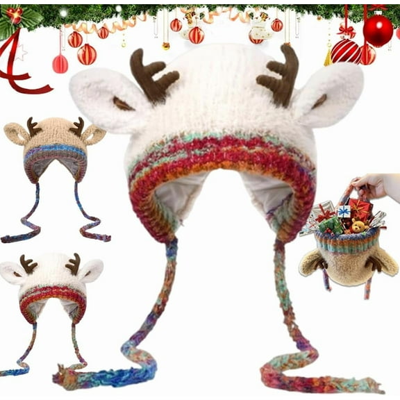 Christmas Antler Hat, Deer Storage Hat Design, 2-in-1 Reindeer Hat and Handbag with Knitted Ear Protection, Windproof Warm Beret for Thanksgiving Christmas Gift