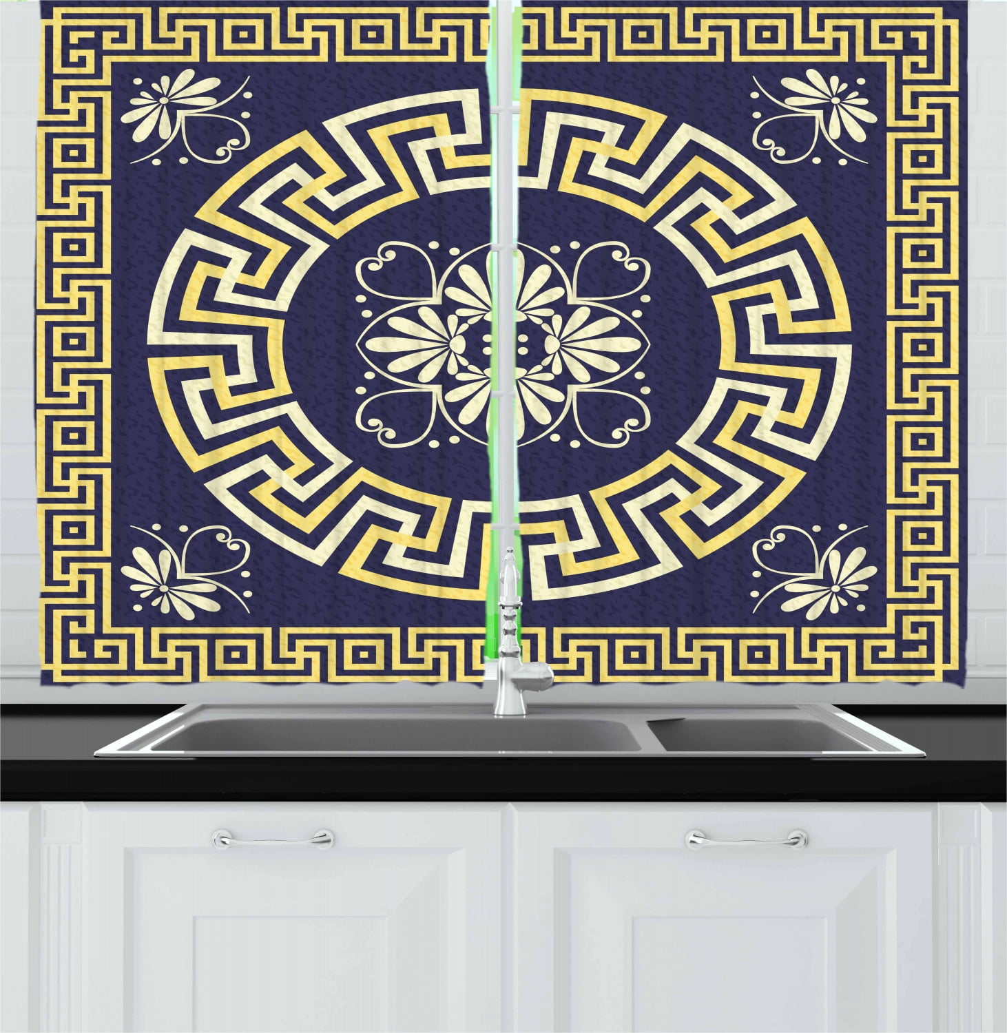 Greek Key Curtains 2 Panels Set, Meander with Spring Inspired Floral