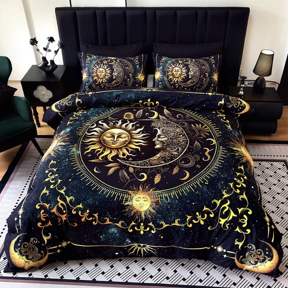 3PCS Vintage Tarot Sun and Moon Duvet Cover Set (1 Duvet Cover, 2 Pillowcases, Pillows Not Included), Bedroom Decorative Bedding