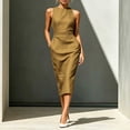 thumbnail image 2 of Formal Dresses for Women Sleeveless Fitted Waist Pencil Midi Dress with Pockets Breathable Casual Office Work Sundress Khaki L, 2 of 5