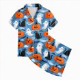 thumbnail image 6 of zuwimk Halloween Short Sleeve Pajamas Set For Kids Girls Bat Print Collared Tops And Shorts Pjs Set Loose Fit Casual Kids Halloween 2 Pces(Sky Blue,6-7 Years), 6 of 6