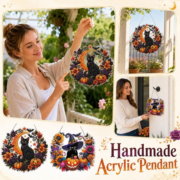 Halloween Hanging Decor, Fall and Halloween Decor, Wall Hanging Decor, Halloween Wall Decorations, 10 Inch Faceted Rhinestone Halloween Black Cat Pumpkin Diamond Art Hanging Sign,
