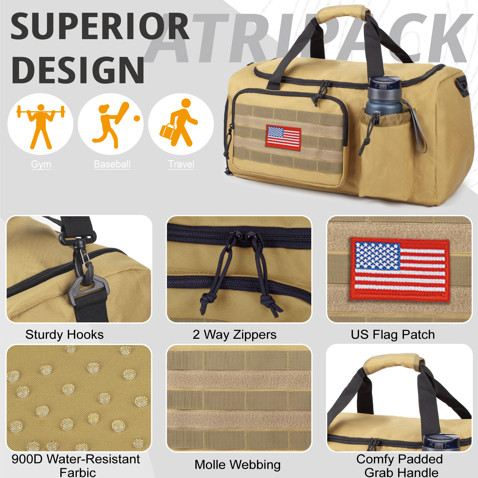 TRIPGEAR Large 40L 2-in-1 Convertible Sports Bag, Multi-functional Travel Duffle with Shoe Compartment for Daily Use
