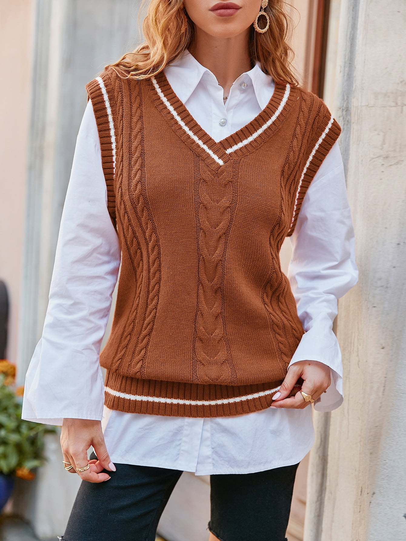 brown cable knit vest