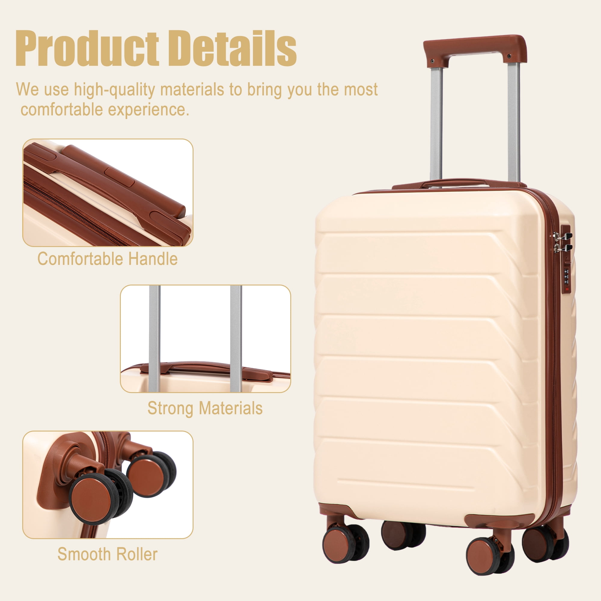 20 Inch ABS Hard Shell Carry-On Luggage, Airline Approved, Scratch Resistant, 4 Spinner Wheels, Built-in Combination Lock, Lightweight Waterproof Suitcase (Beige)
