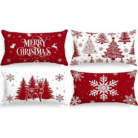 12x22 Red Christmas Pillow Covers Set of 4, Lumbar Pillowcase, Winter Decorative Pillow Case, Merry Christmas Tree Cushion for Indoor Home Bedroom Sofa Xmas Couch Decor