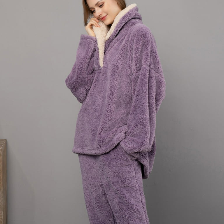 Cute Pajama Sets for Women Women's Sleepwear Long Sleeve Hooded Pajamas Two  Piece Set Home Service Clearance Purple 2XL