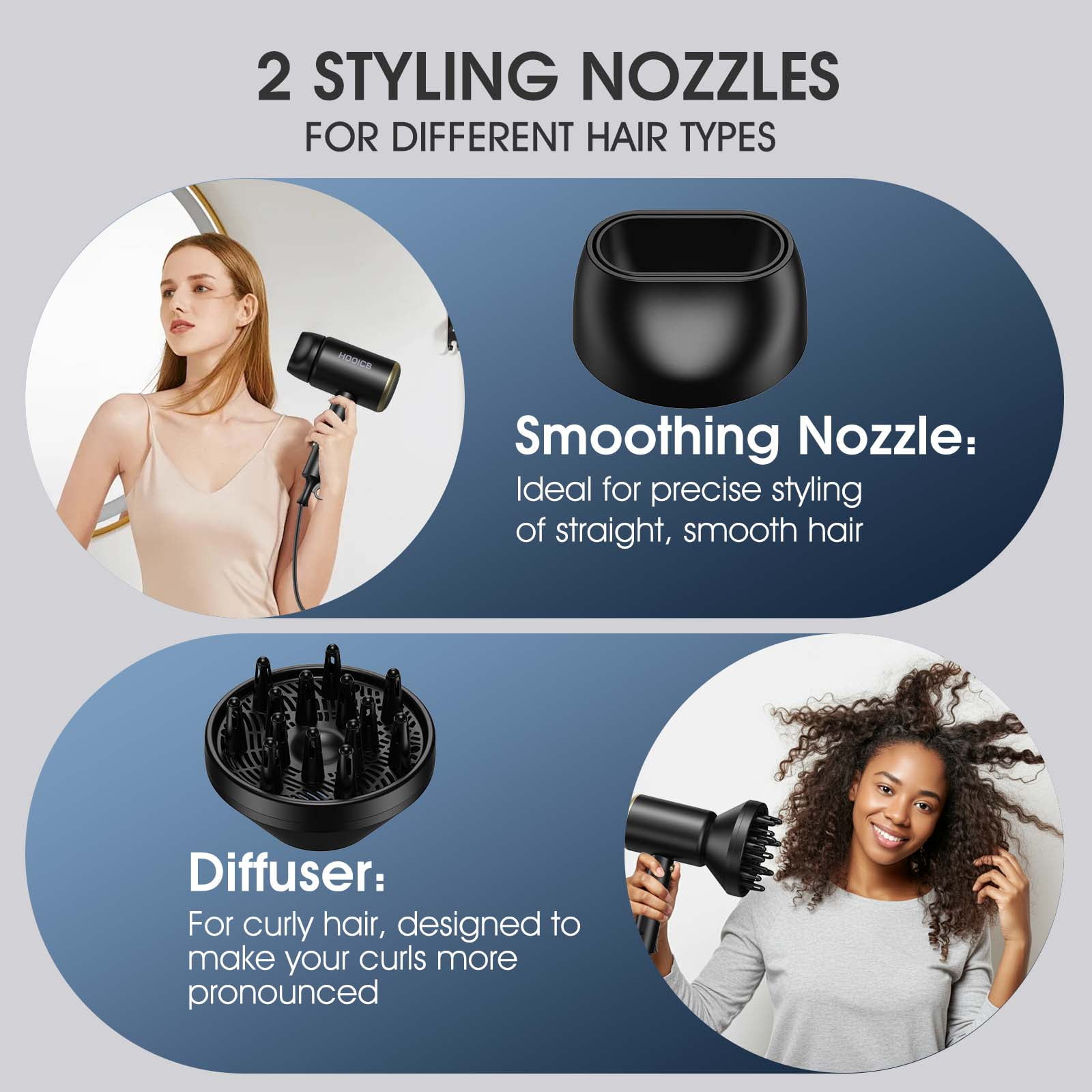 HOOICB Hair Dryer, Professional Ionic Blow Dryer with Diffuser and Concentrator Nozzle, Foldable Design, Fast Drying and Styling, Black