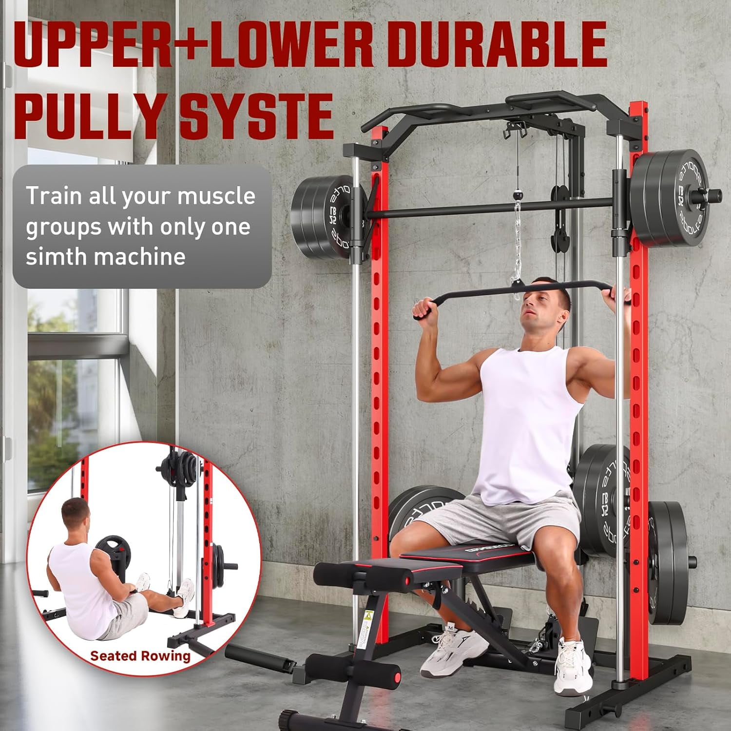VIBESPARK Smith Machine Power Rack with Lat-Pull Down Pulley System & Cable Row, Multi-Functional Squat Rack Cage with Barbell Bar, Landmine, Pull-up Bar and More Attachment for Home Gym
