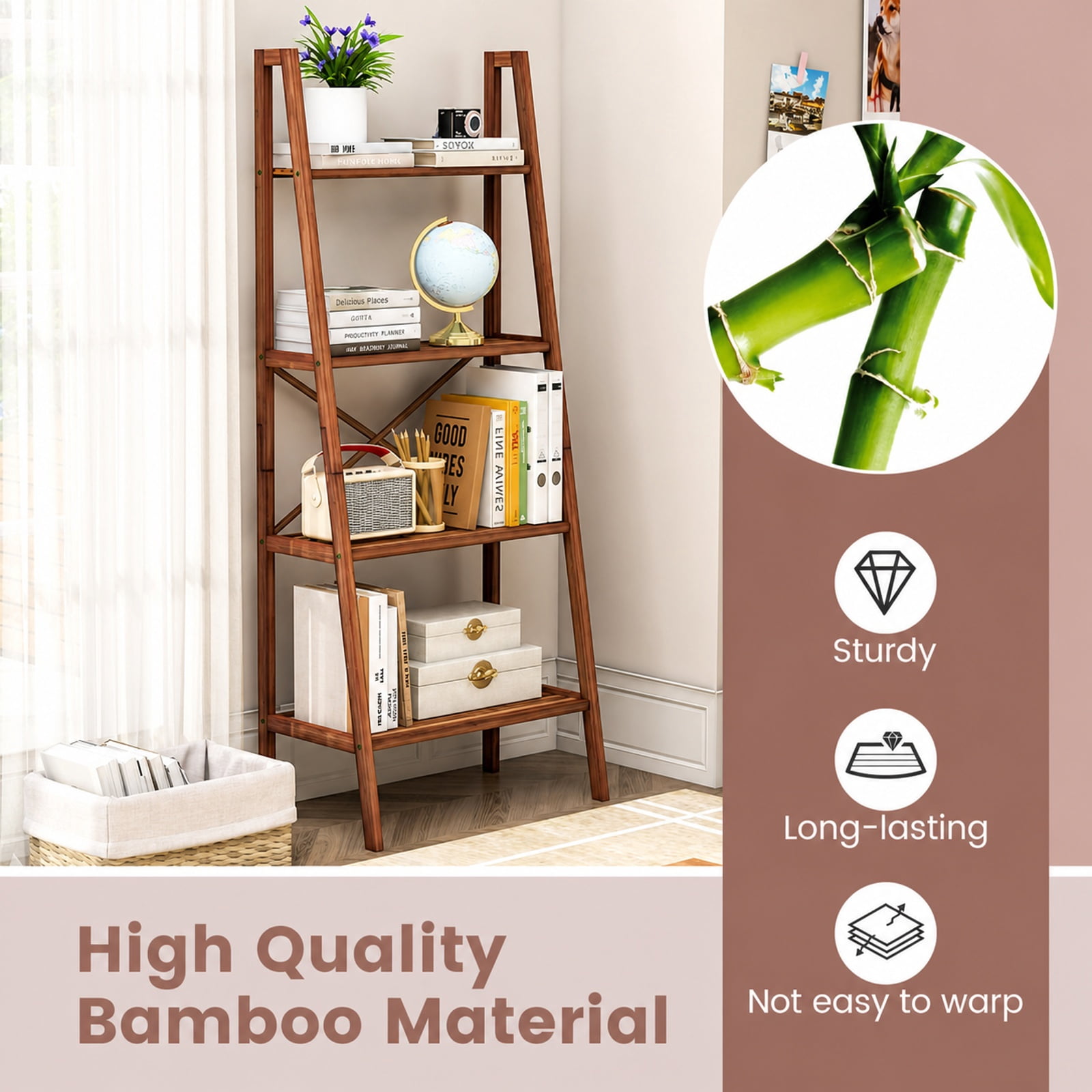 Furnibear 58 Inch 4-Tier Bamboo Ladder Bookshelf for Living Room Home Office Bedroom Display Storage Shelf, Walnut