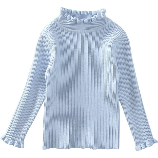 WUANDIXFA Baby Infant Knit Sweater Autumn and Winter Girls' Pullover Solid Color Knitted Sweater with Ruffled Neck Bottoming Knitted Sweater Light Blue,4-5 Years