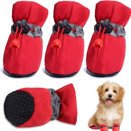 4 Pieces Dog Shoes  Dog Boots Paw Protector with Reflective Straps  Non Slip Dog Booties for Small Medium Dogs(Red)