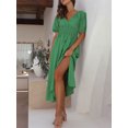 thumbnail image 3 of Faithtur Robe Longue Décontractée d'Été pour Femmes Couleur Unie Froncée Col en V Manches Courtes Mode Plage Vacances, 3 of 9