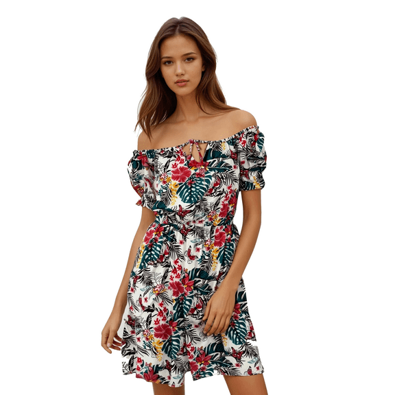 Women's Open Shoulder Short Sleeve Keyhole Neckline Floral Summer Dress, White, Large