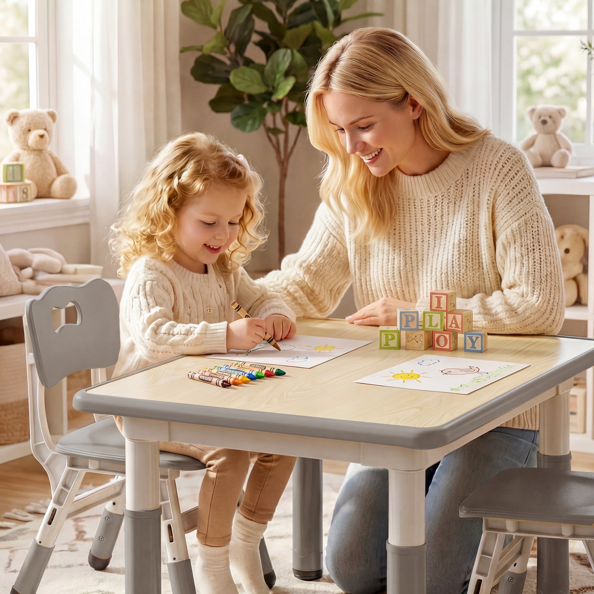 LINLUX Kids Table and 2 Chairs Set, Height Adjustable Table & Chairs, Activity Table for Toddlers, Basic Gray