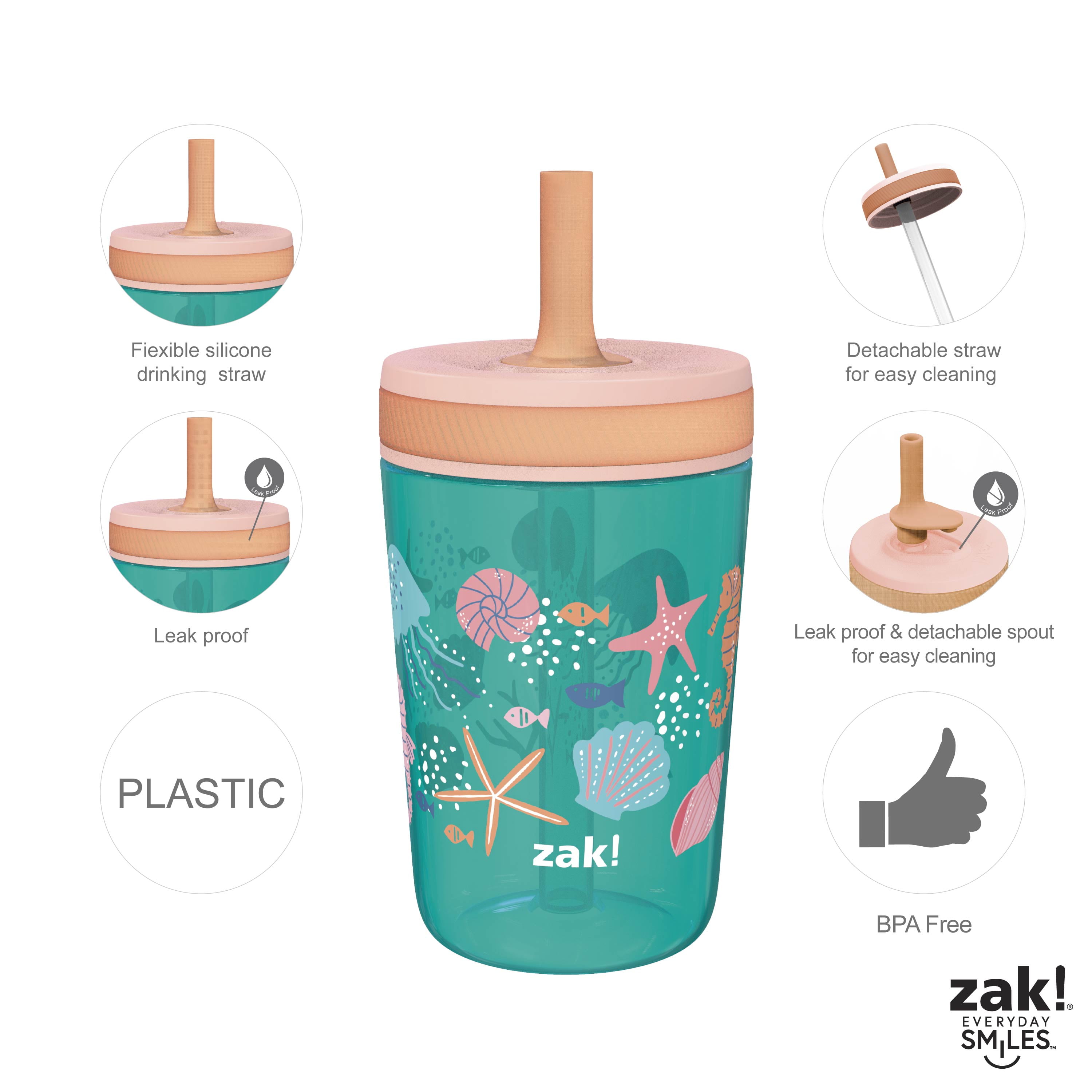 Zak Designs 3pc Kelso Straw Tumbler Set, 12oz Stainless Steel and 15oz  Plastic, 2 Cups and 1 Bonus Straw, Leakproof and Perfect for Kids,  Seashells 