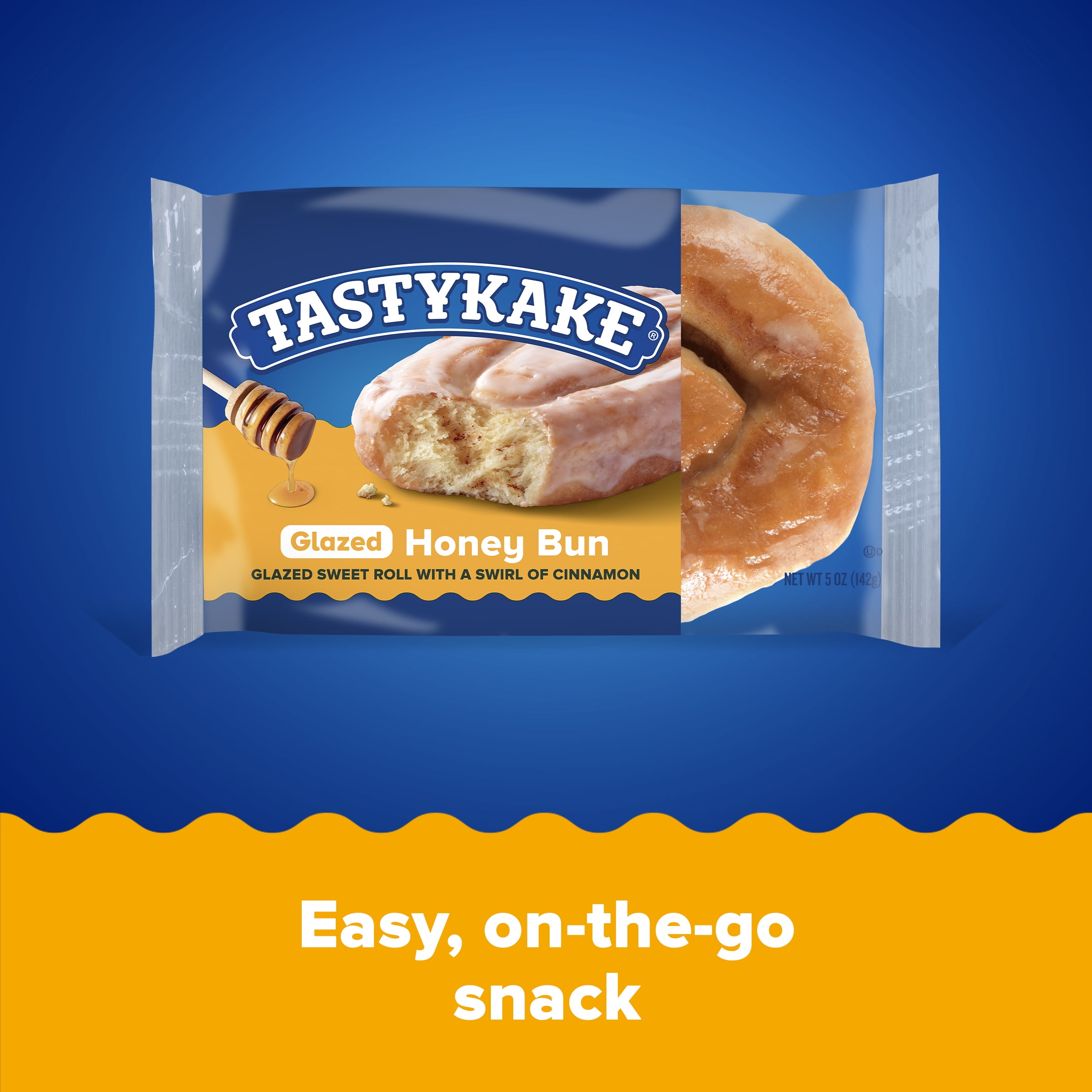 Tastykake Glazed Honey Bun, Individually Wrapped Sweet Glazed Topped Pastry Snack, 5 oz, Shelf-Stable