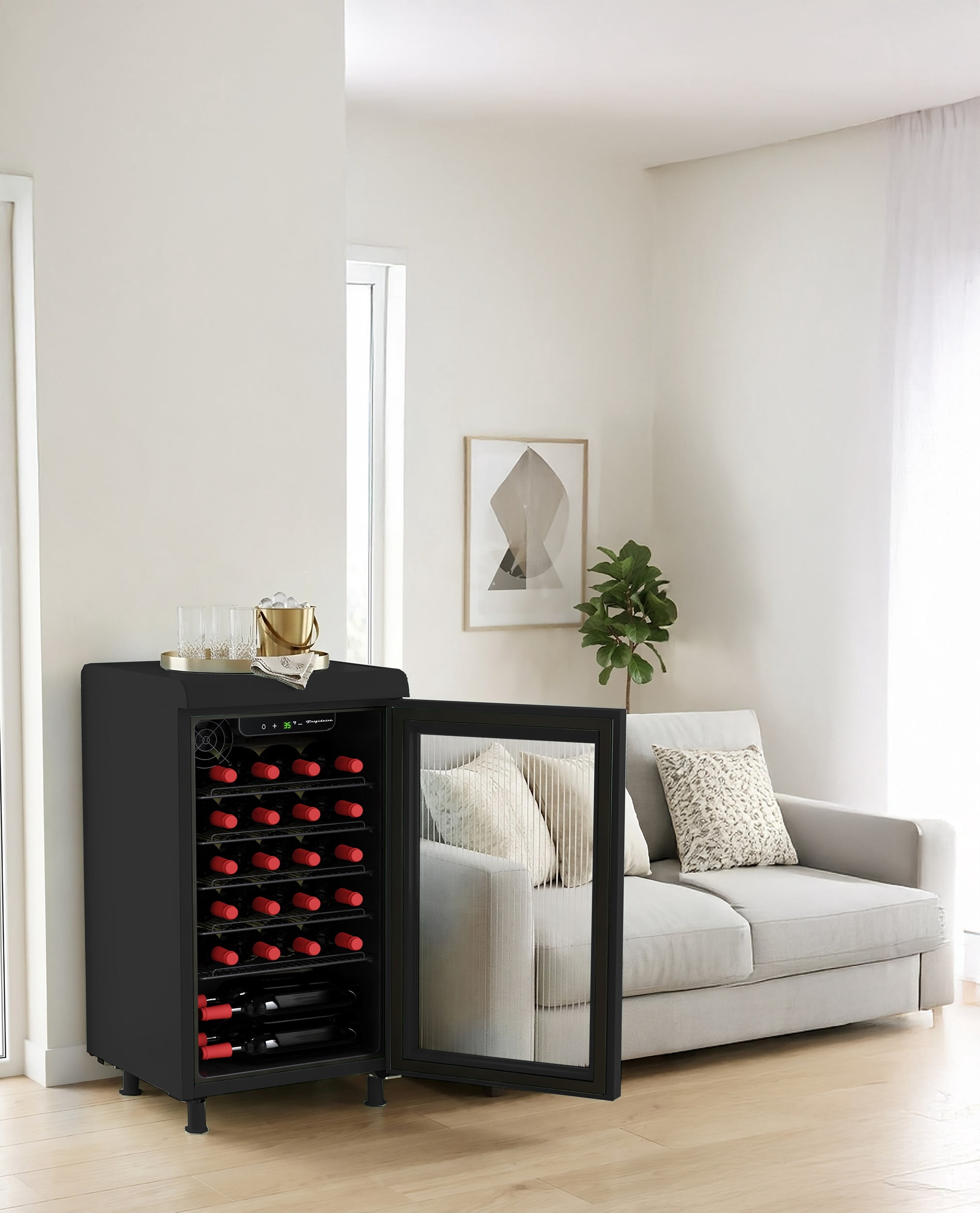 Frigidaire 27 Bottle / 117 Can Retro Wine Cooler with Built-in Bar Top, 3.1 Cu. ft. Beverage Refrigerator with Tempered Glass Door, Black
