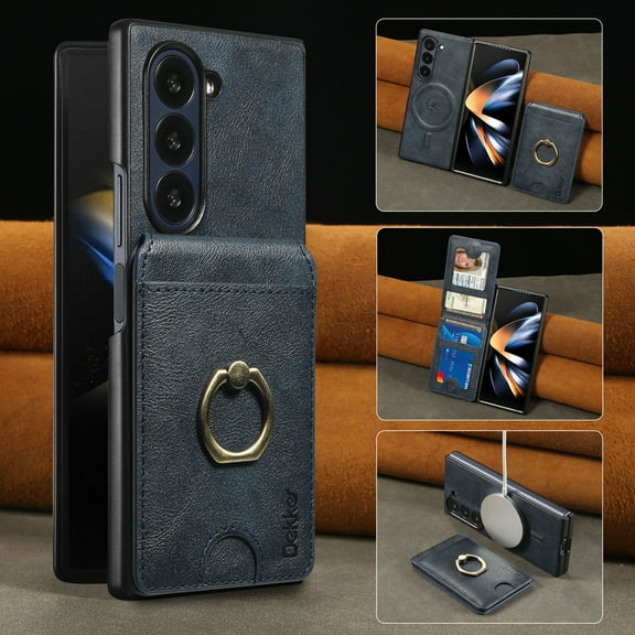 ELEHOLD Case for Samsung Galaxy Z Fold7, Magnetic Ring Leather Wallet Phone Case with Card Slots & Window Slots, Wireless Charging & Car Mount Compatible,Blue