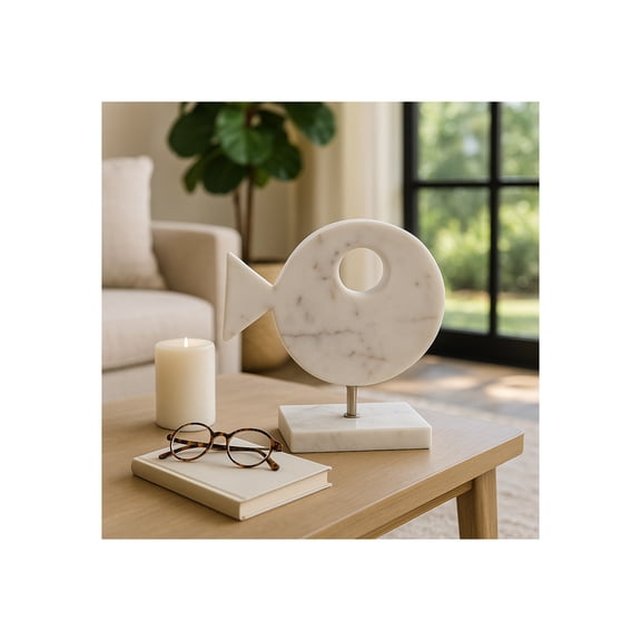 Modern Marble Fish on Stand Sculpture - Coastal Ornament Figurine for Home, Bathroom, and Office Decor - Decorative Statue for Living Room, Shelf, and Coffee Table Decor - 10", White