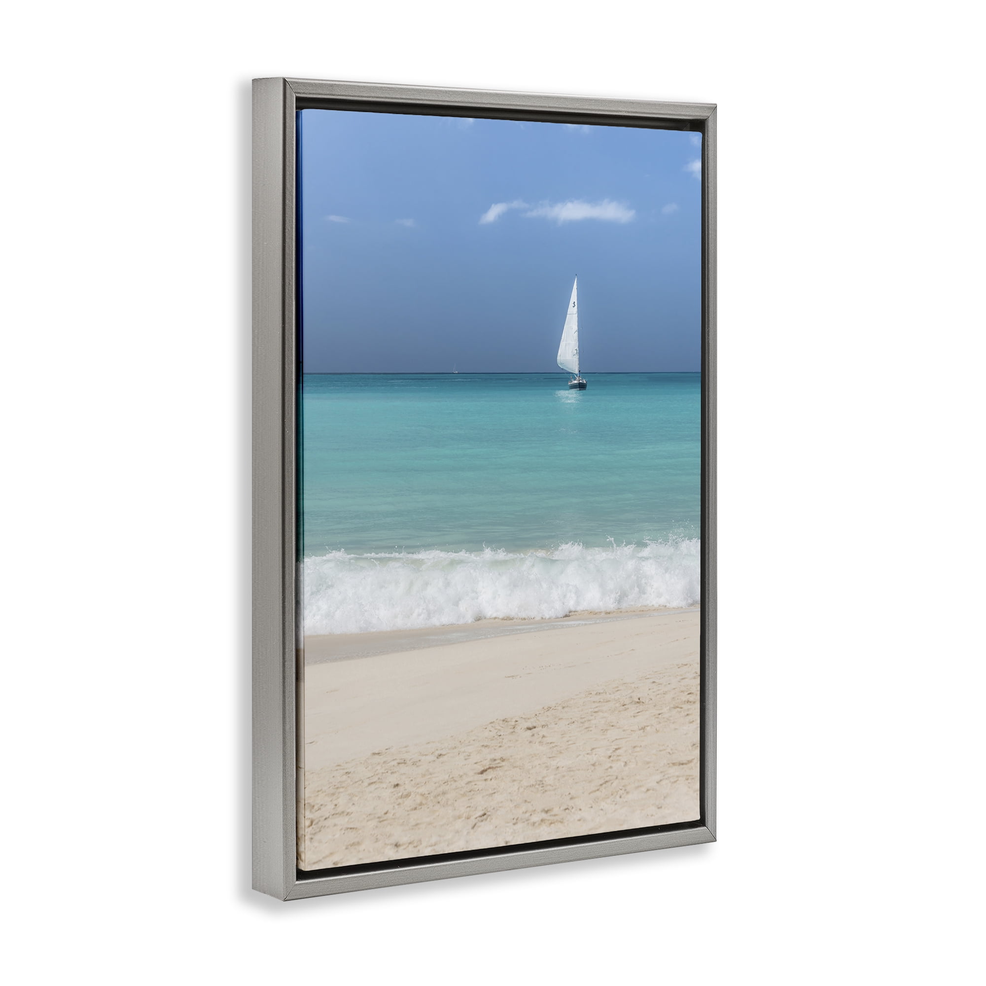 Stupell Industries Lone Sailboat Beach Tide Nautical & Beach Photography Gray Floater Framed Canvas Art Print Wall Art, 17 x 25
