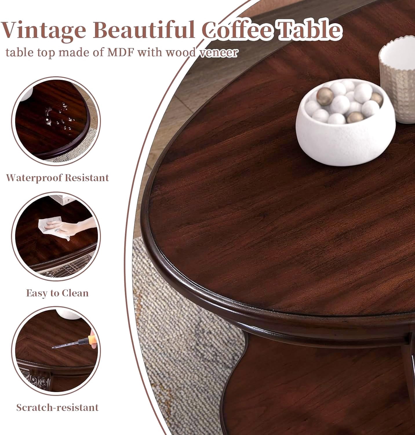 LKTART 3-Piece Vintage Oval Coffee Table Set - Cherry Wood Table with Carved Legs for Living Room & Office