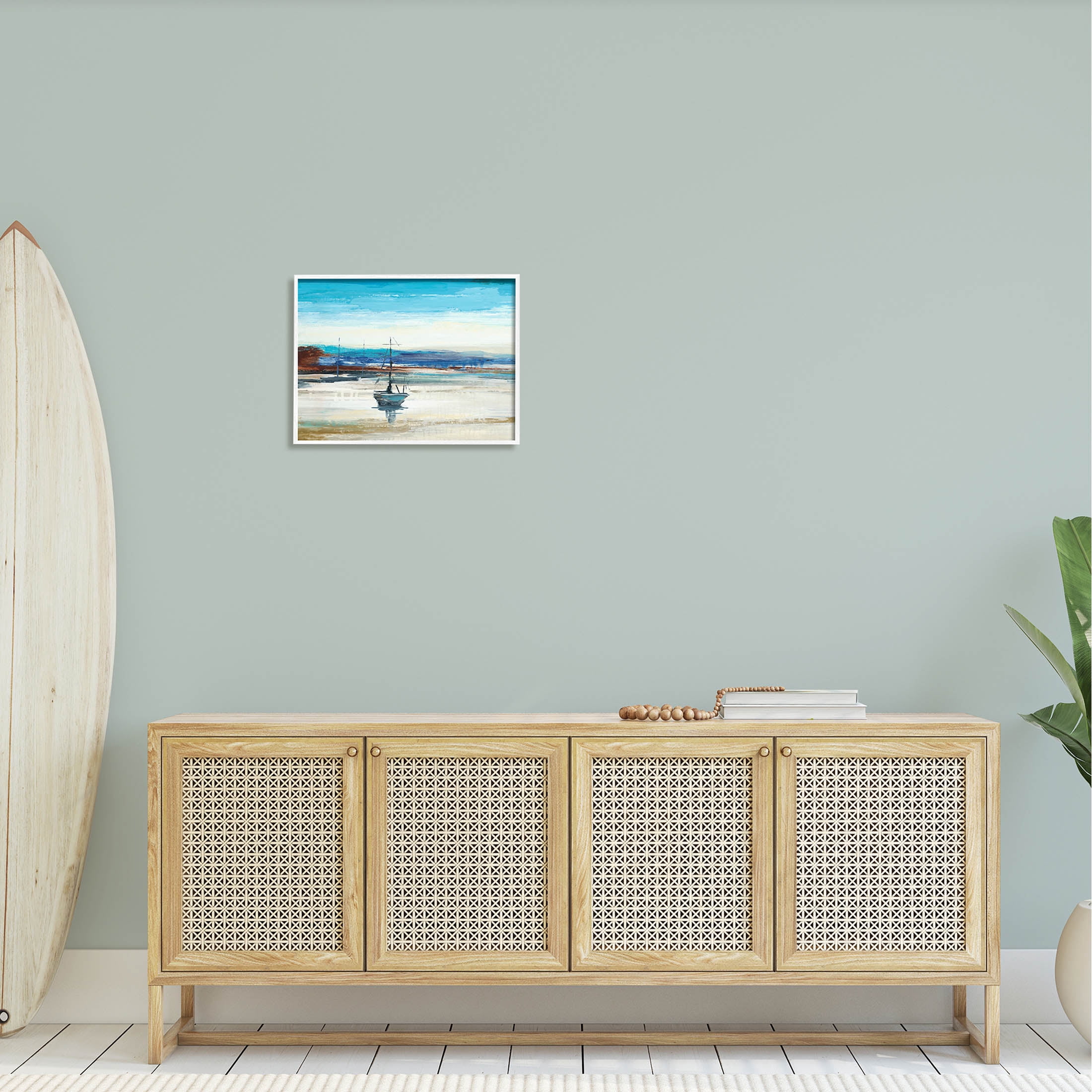 Abstract Boat Sea Reflection Coastal Painting White Framed Art Print Wall Art