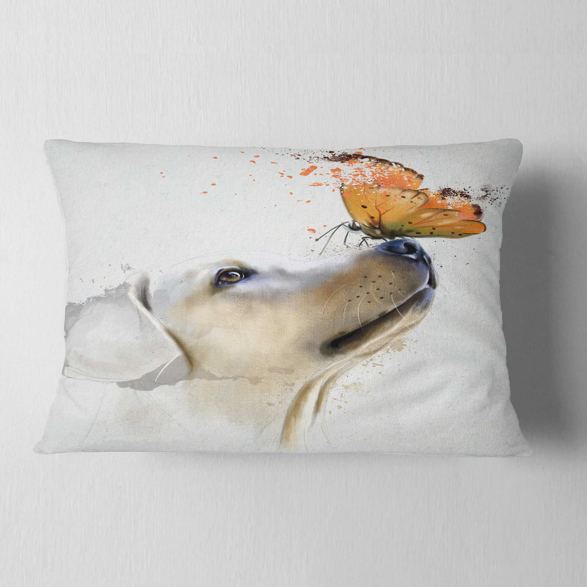 Designart Golden Retriever Dog with Butterfly - Animal Throw Pillow - 12x20