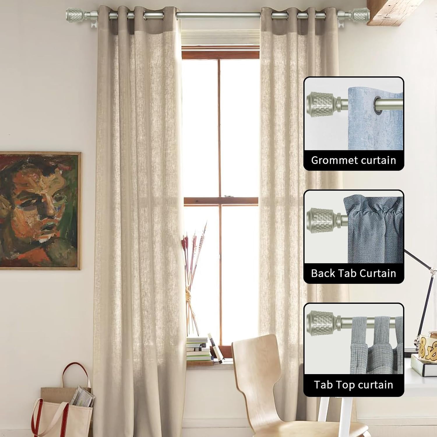eTeckram 5/8" Single Curtain Rod with Vieve Finials,Pewter,84‘’-120‘’