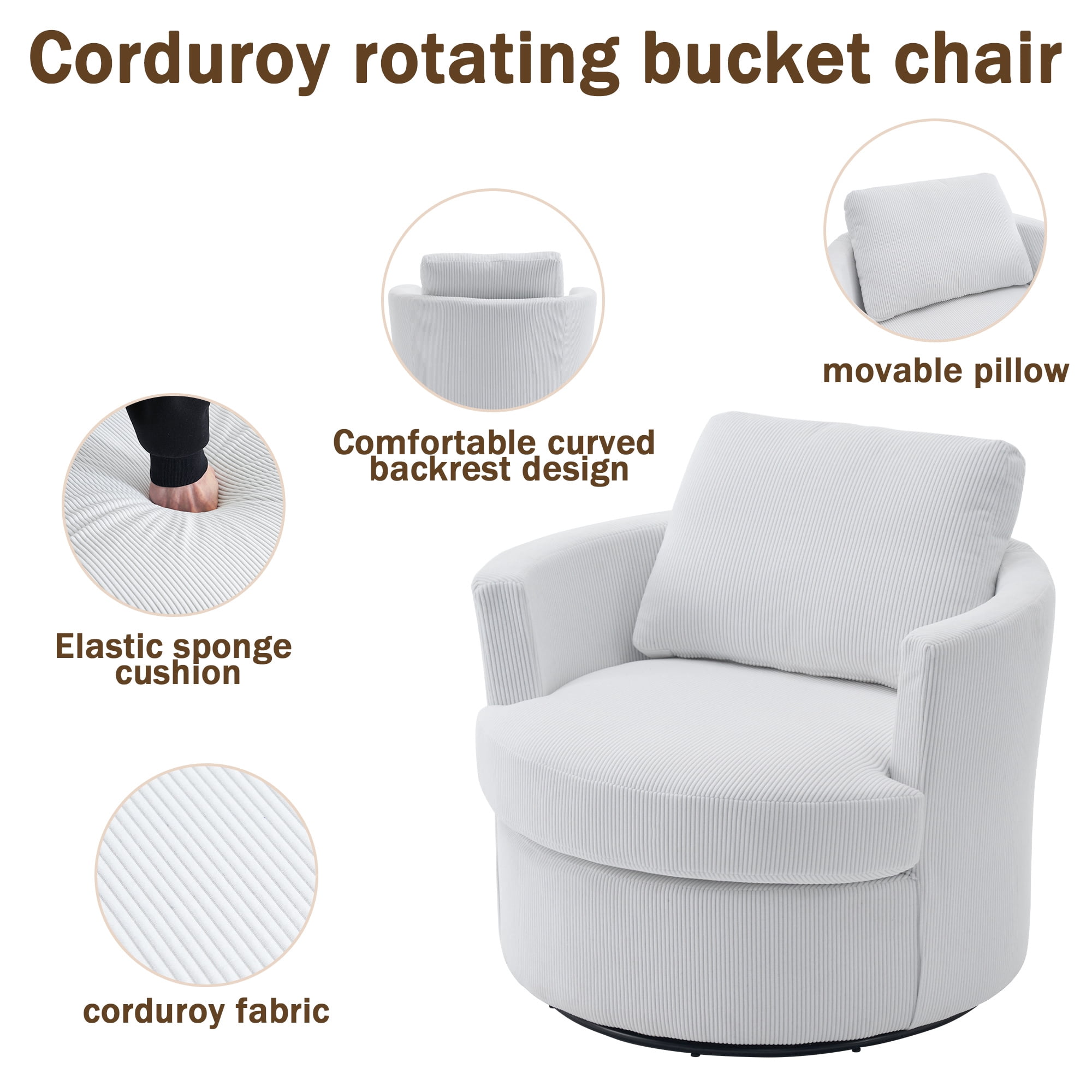 Aukfa 32" Corduroy Swivel Accent Chair Round Barrel Chair for Living Room Bedroom, Beige