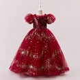 thumbnail image 4 of IVEYRTF Girls Christmas Party Dress Princess Gown with Sparkly Sequins Puffed Sleeve Tulle Skirt for Birthday Pageants Fashion Elegant Round Neck Short Sleeve Dress(Red,9-10 Years), 4 of 9