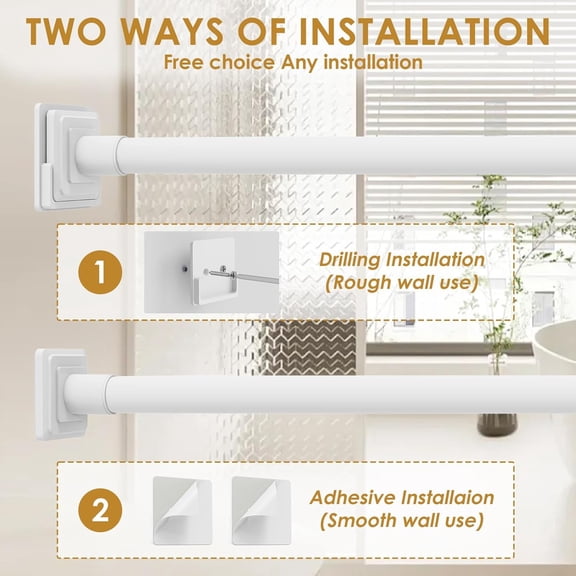 JUNCHI-White Shower Curtain Rod,Spring Tension Curtain Rod 30-64”,No Drill or Screw Installation Shower Rod for Bathroom, Closet, Kitchen with Brackets