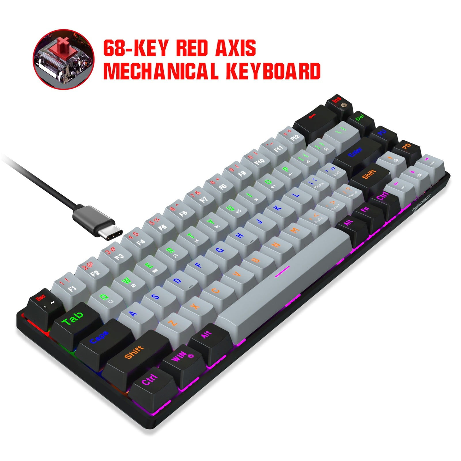 Wireless Full Size Keyboard 68-key Green Axis Red Axis Mechanical Keyboard  Dual Color RGB Multiple Backlit Key Line Separation Gaming Keyboard Roll up 