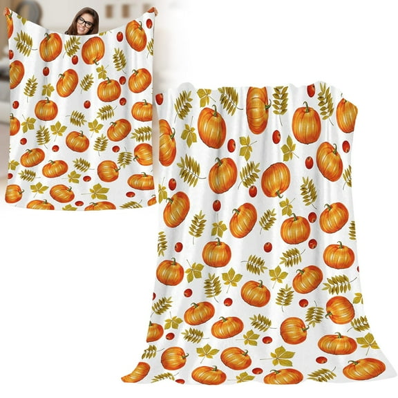 Soft Fall Pumpkin Throw Blanket with Maples,Cozy Flannel Fleece Luxury Decoration Blanket for Bed,Sofa and Couch Fall Decorations for Home 50X60 Inches