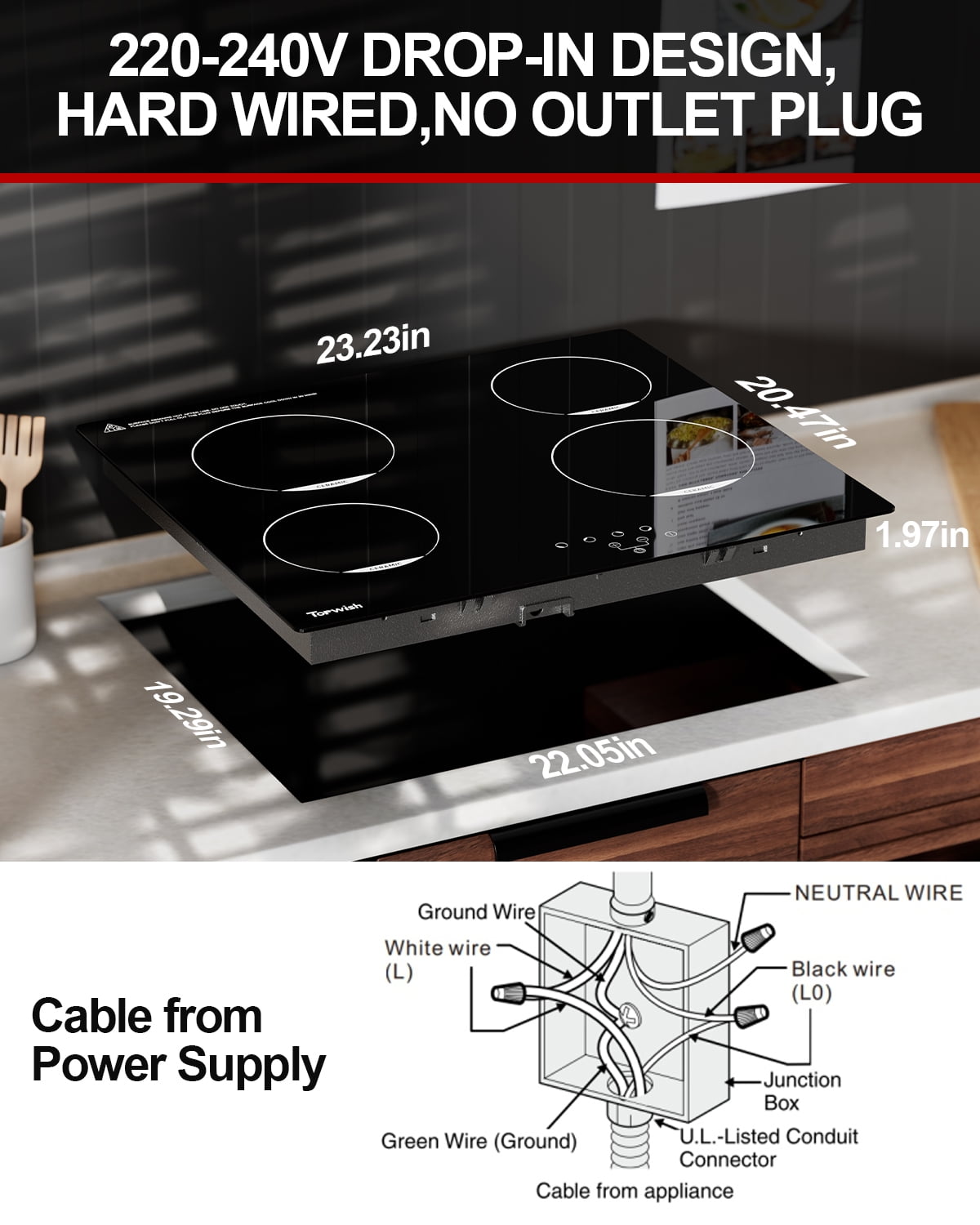 TOPWISH 24" 4-Burner Drop-In Electric Cooktop, 6000W Radiant Ceramic Stove Top, 220–240V Hard-Wired, 9 Heat Levels, Touch Control, Timer & Child Safety Lock