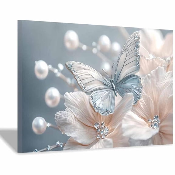 Mudket Framed Canvas Wall Art Ready to Hang, Silver Butterfly Cream Floral Pearl Branch Print, Glam Botanical Wall Decor Canvas Artwork for Bedroom Living Room, Flower Pictures - 12"L x 8"W