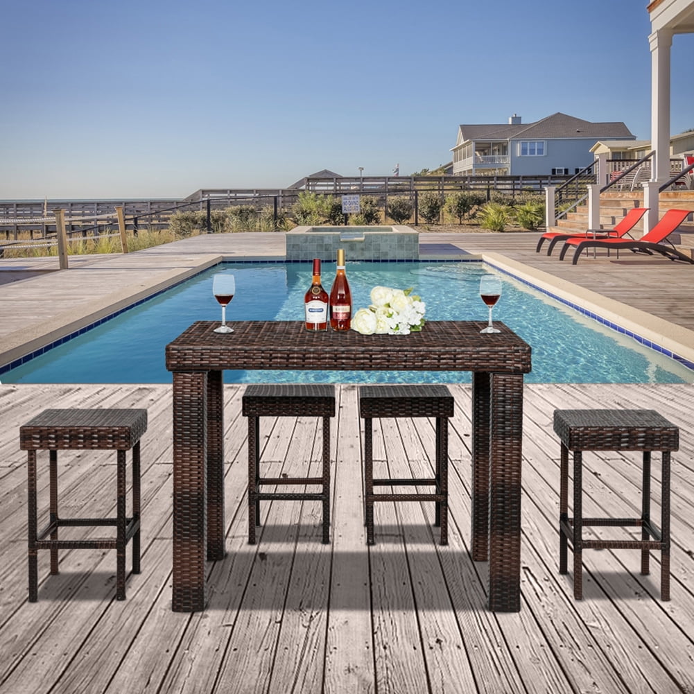 Kepooman 3 Pieces Rattan Bar Table Set, Outdoor Woven Table Set, Brown Kepooman 3 Pieces Rattan Bar Table Set, Outdoor Woven Table Set, Brown