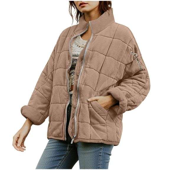Women’s Oversized Quilted Lightweight Jacket Stand Collar Long Sleeve Zip Up Warm Winter Padded Coat Loose Fit Casual Down Style Outerwear,Khaki,L