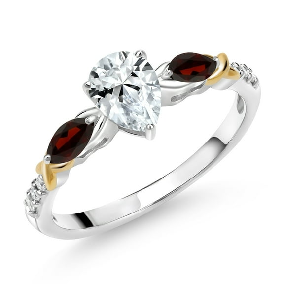 Gem Stone King 925 Silver 10K Yellow Gold Pear Shape White Created Sapphire Red Garnet and White Lab Grown Diamond Engagement Ring for Women (1.41 Cttw, Gemstone September Birthstone, Size 5)