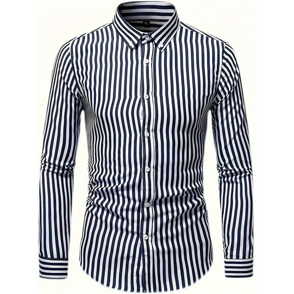 Men's Button Down Shirts Stripe Print Long Sleeve Dress Shirts Regular-Fit Casual Shirt Black M