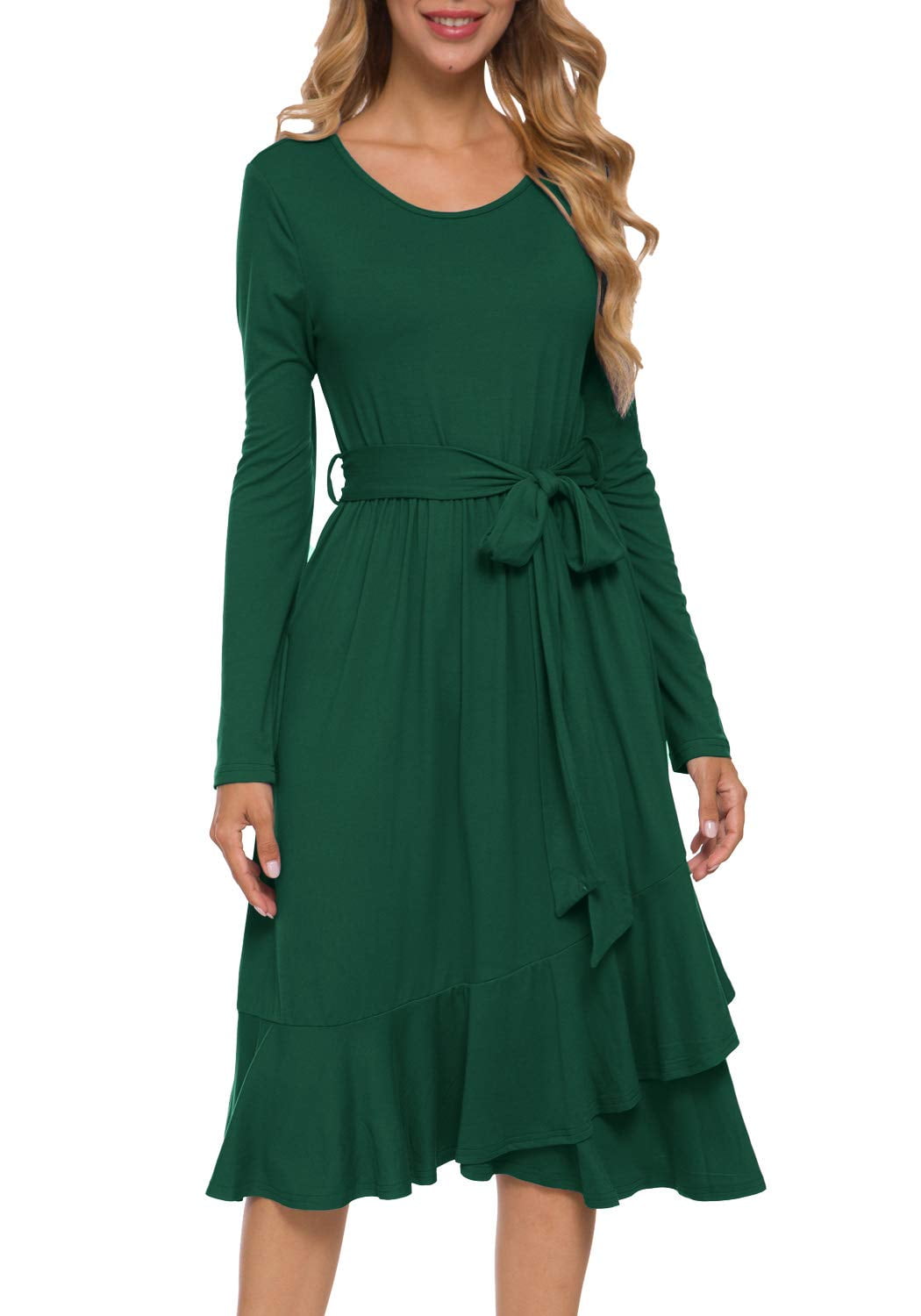 Casual Long Sleeve Midi Dress with Belt 