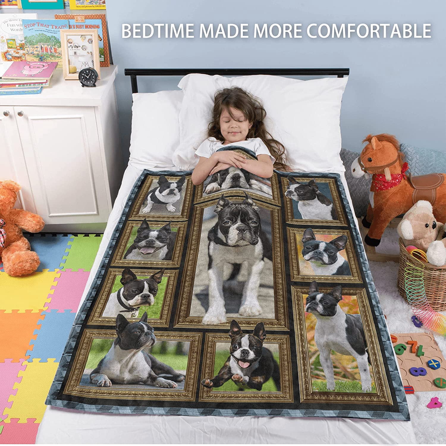Boston Terrier Dog Blanket for Kids, Cute Soft Cozy Warm Flannel Throw Blanket for Girls Boys, Toddler Baby Blankets and Throws for Couch Bed Daycare Preschool Naptime, 40" x 50"