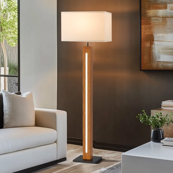 58.9'' Farmhouse Wooden Floor Lamp built-in LED beads, White Rectangular Linen Shade for Bedroom (Bulb included)