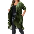 thumbnail image 4 of Agnes Orinda Women's Plus Size Cardigan Ruffled Asymmetric Open Front Long Velvet Jackets 1X Army Green, 4 of 6