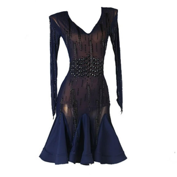 Latin Dance Competition Dress for Women Mesh Ballroom Dance Costume with Applique For Cha Cha