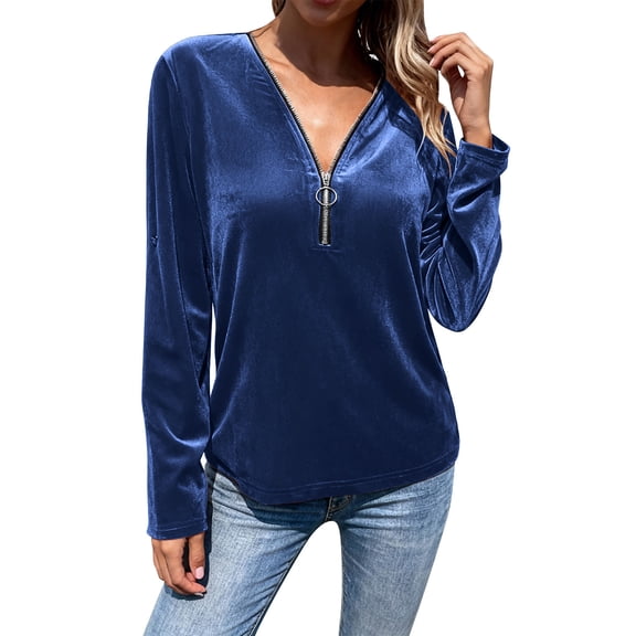 Lenpel Velvet Tops for Women Trendy Half Zip Long Sleeve T Shirts Loose Vintage Tees Dressy Casual Velour Blouses(Purple,X-Large)