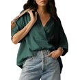thumbnail image 2 of Women Dressy Casual Blouse Business Short Sleeve Collared Tops Placket V Neck Work Shirt green S, 2 of 8