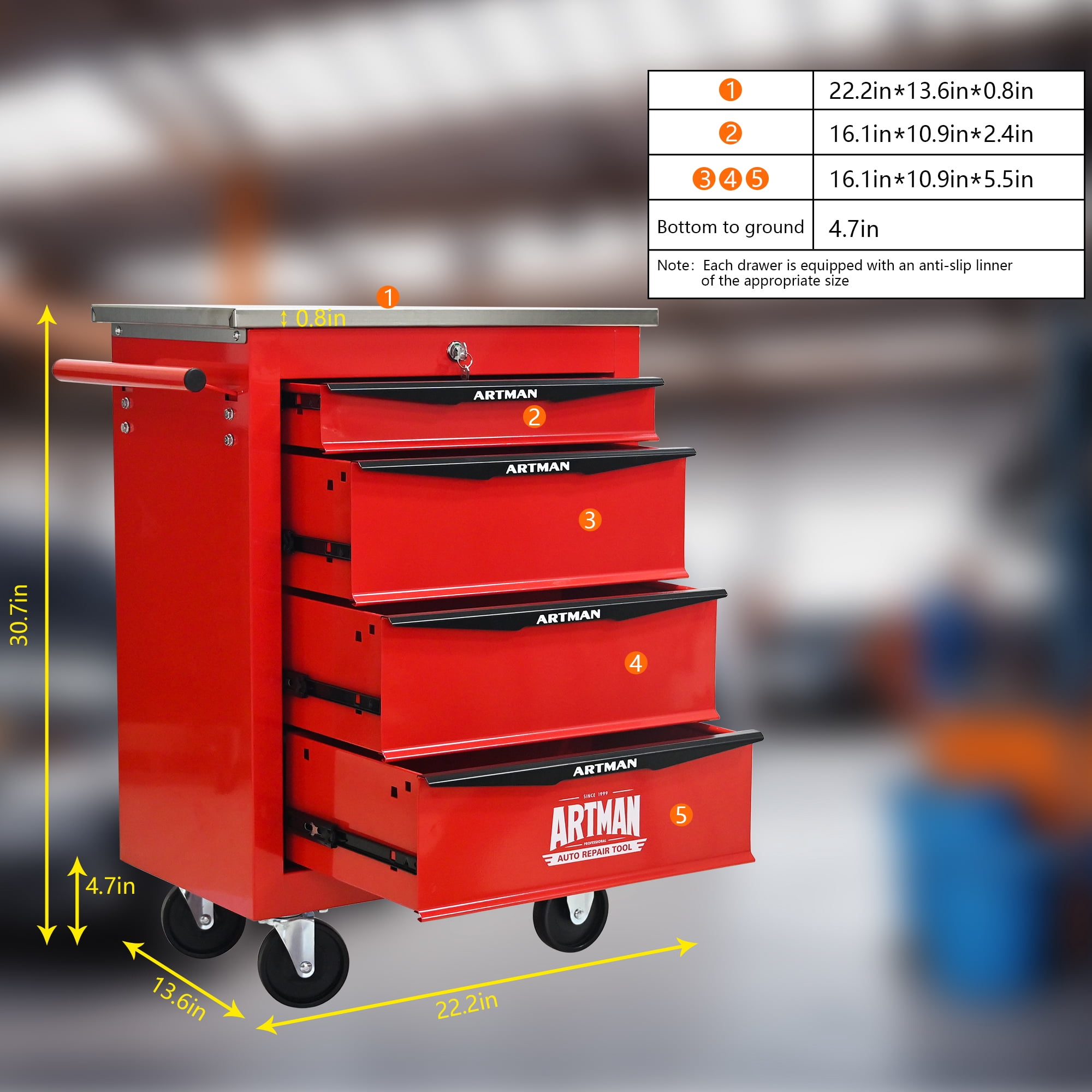 POVANLI  22-inch 4-Drawer Portable Tool Cart, Steel Tool Box with Stainless Steel Roof, Key Locking and 4 Steering Wheels, 200lbs Load Capacity for Garage, Workshop, Warehouse and Repair Shops (Red)